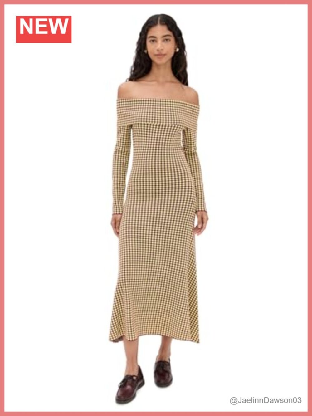 Off Shoulder Gingham Knit Midi Dress Long Sleeve Casual